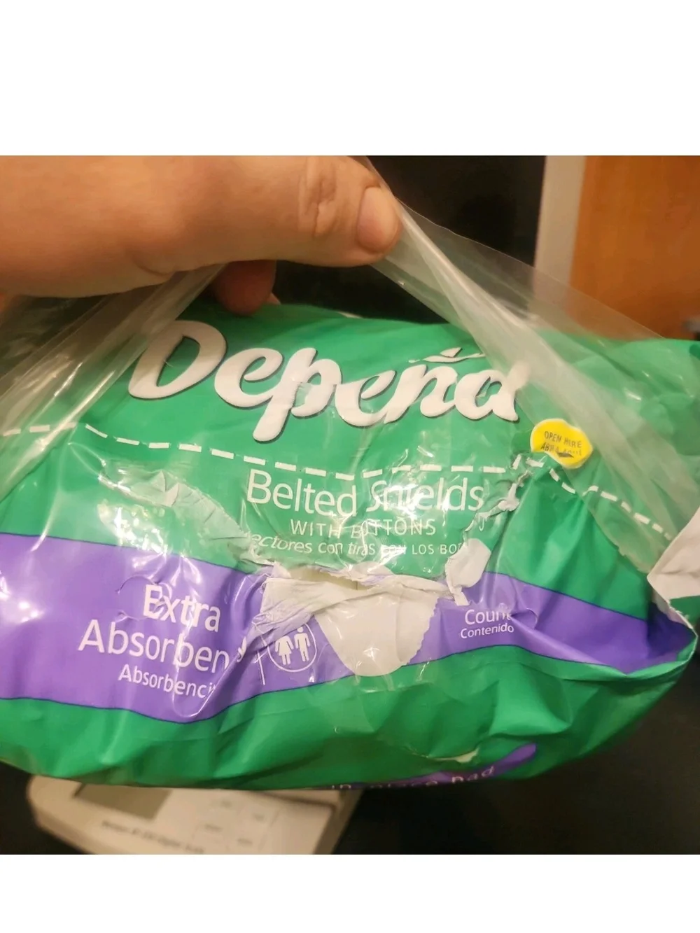 Depend Belted Shields with Buttons - Green & Purple Packaging